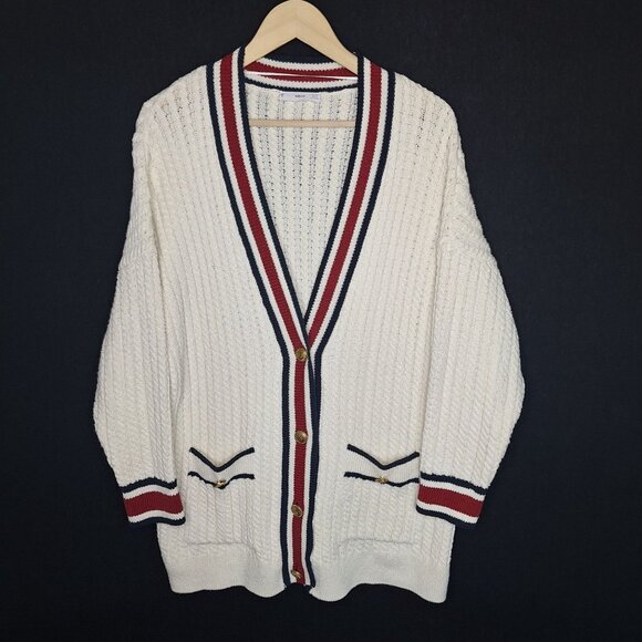 💙 MNG Mango Thick Longline Varsity Cardigan Sweater Size S/M Oversized Cablekni - Picture 8 of 8